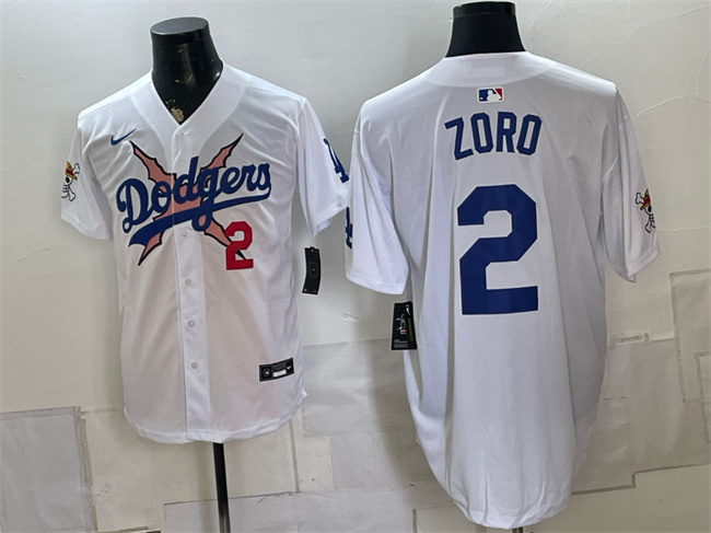 Men's Los Angeles Dodgers x One Piece #2 Zoro White Vapor Premier Limited Stitched Baseball Jersey